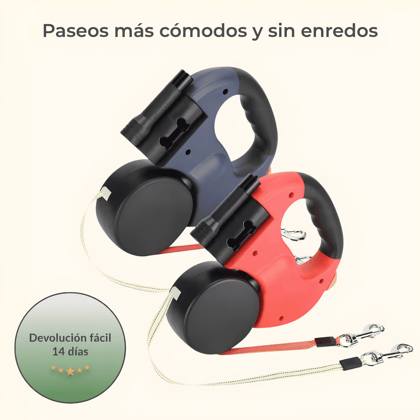 Correa Doble para Perros con Linterna y Dispensador de Bolsas