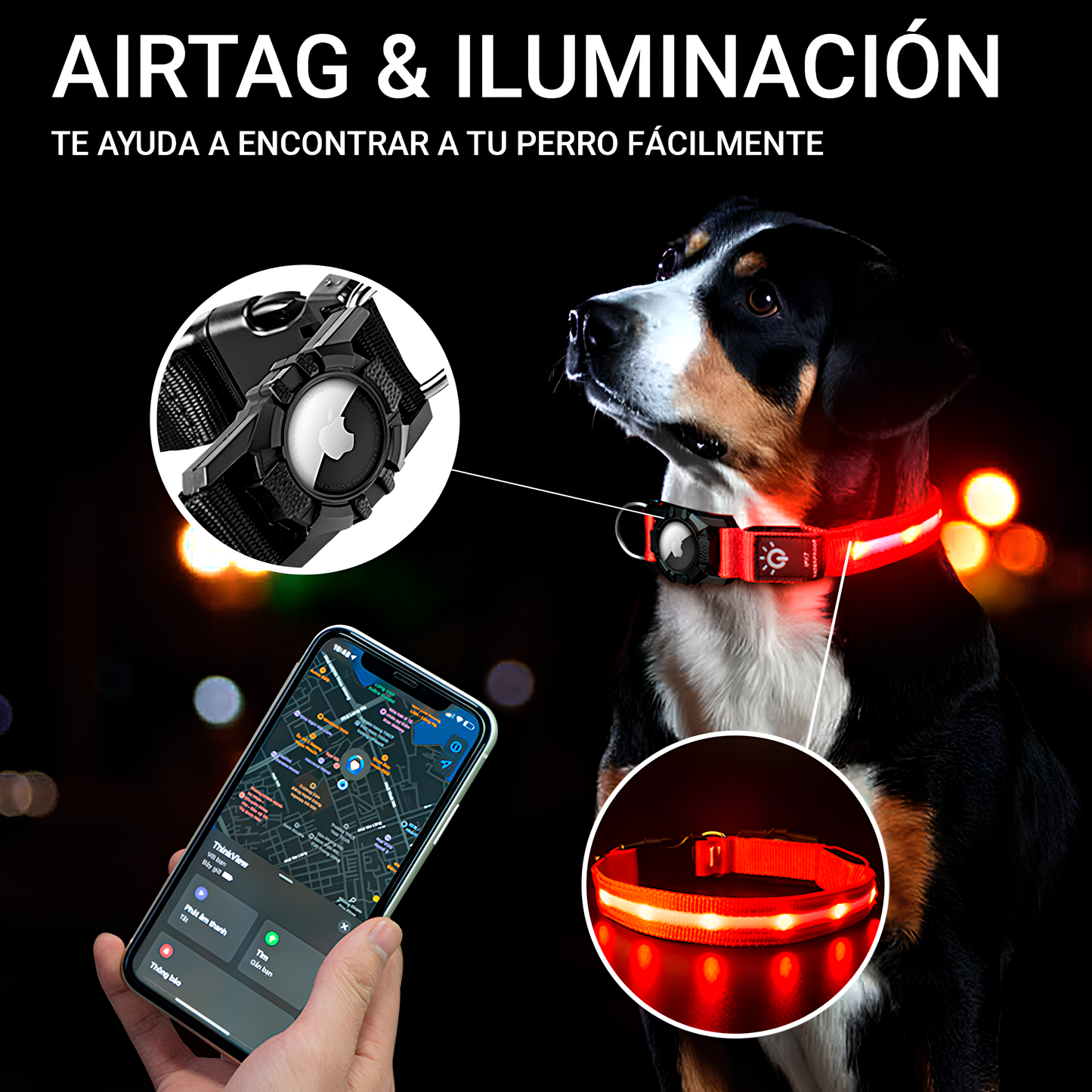 Collar Impermeable con Luz LED y Soporte para AirTag
