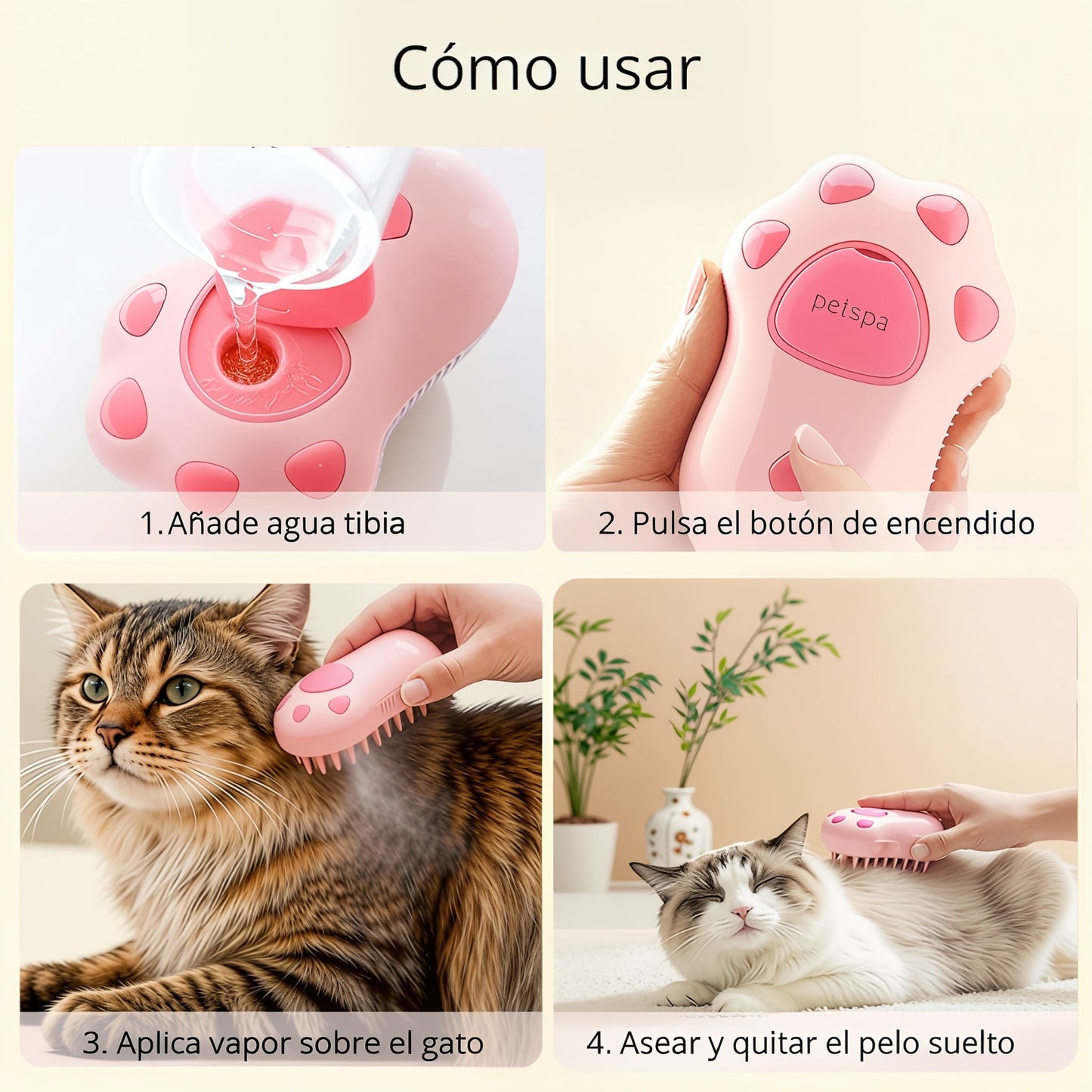 Cepillo de Vapor 3 en 1 para Gatos – Desenreda, Limpia y Masajea