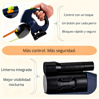 Correa Doble para Perros con Linterna y Dispensador de Bolsas
