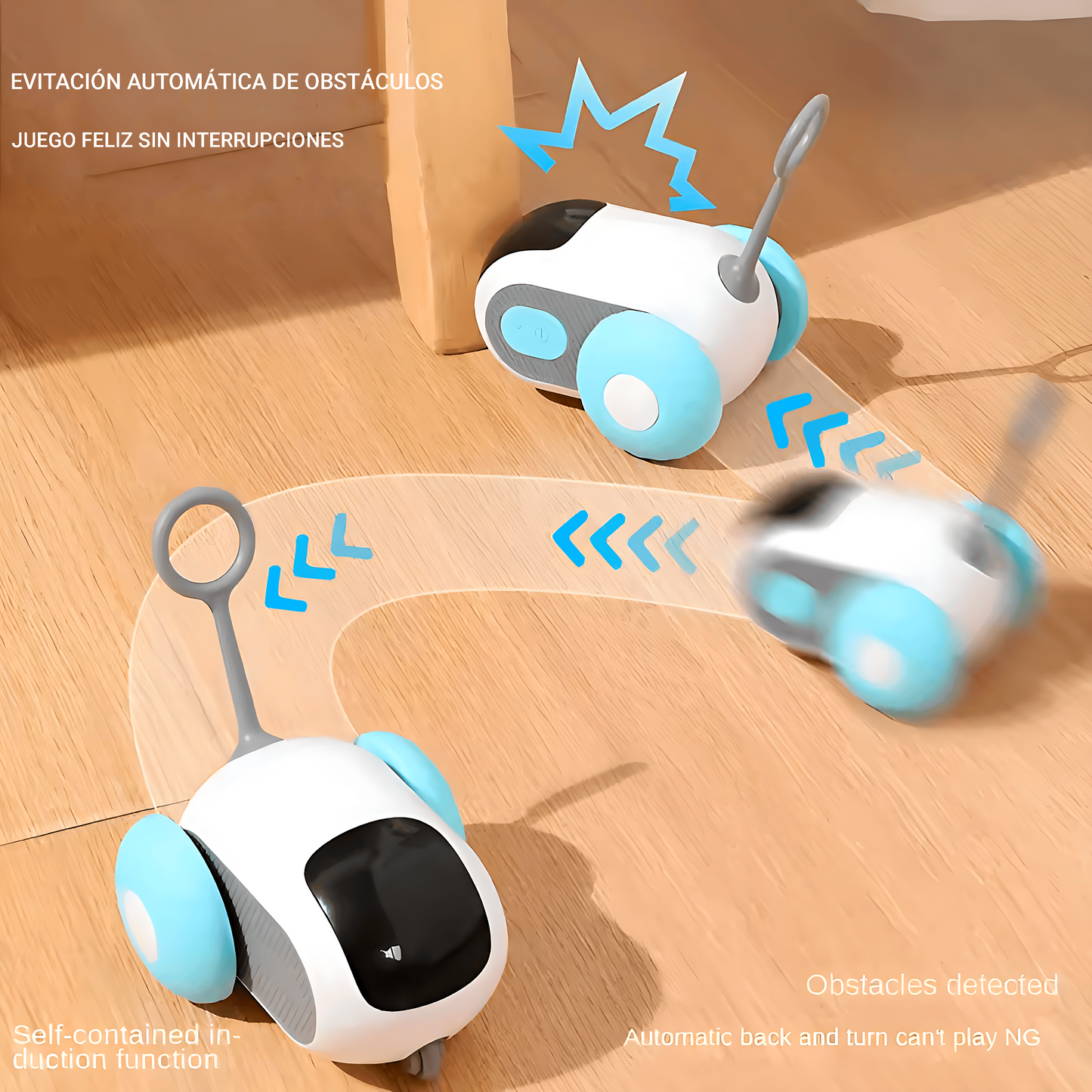 oche interactivo para gatos demostrando la función de evitar obstáculos automáticamente