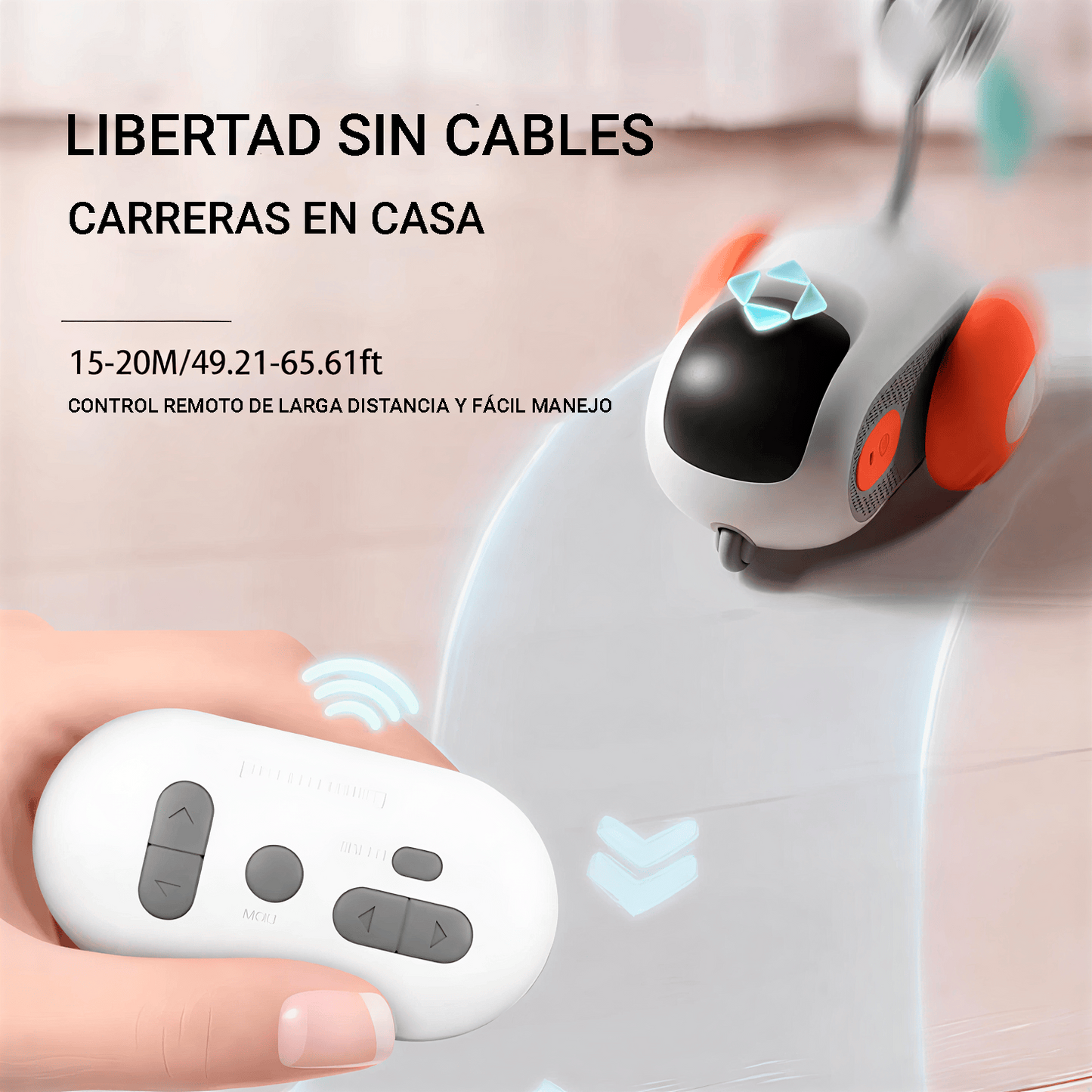Coche interactivo para gatos demostrando libertad sin cables con control remoto de larga distancia