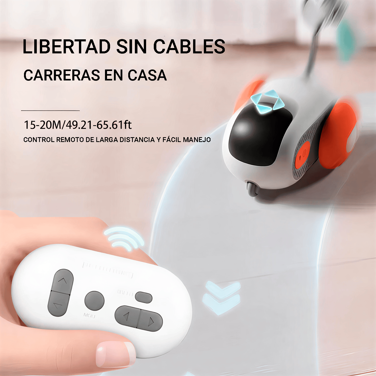 Coche interactivo para gatos demostrando libertad sin cables con control remoto de larga distancia