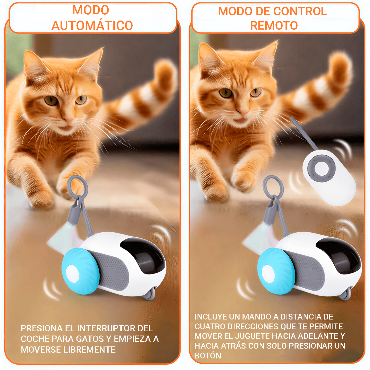 Coche interactivo para gatos mostrando los modos automático y control remoto