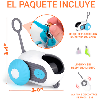 Contenido del paquete del coche interactivo para gatos mostrando accesorios y componentes incluidos