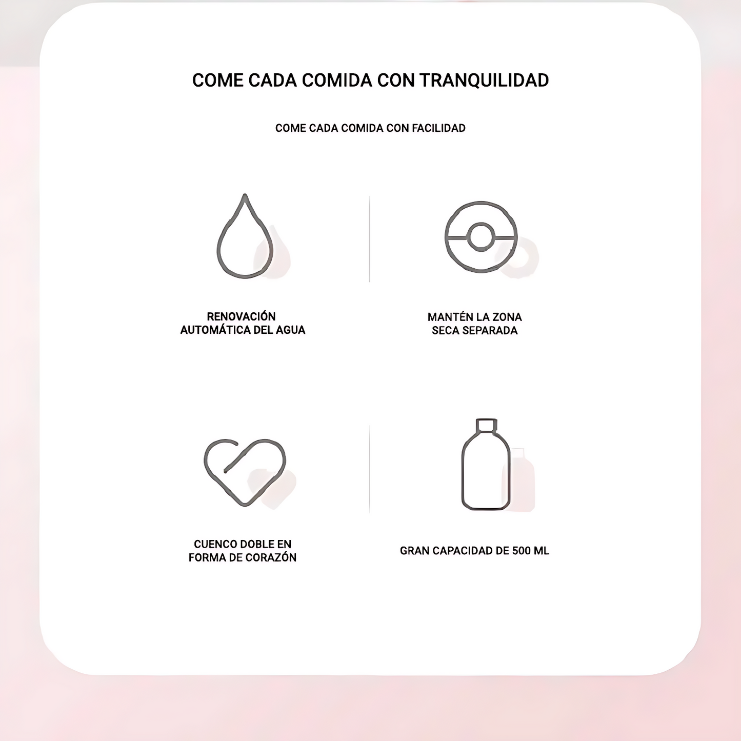 Comedero y fuente automática para mascotas mostrando sus características y puntos fuertes