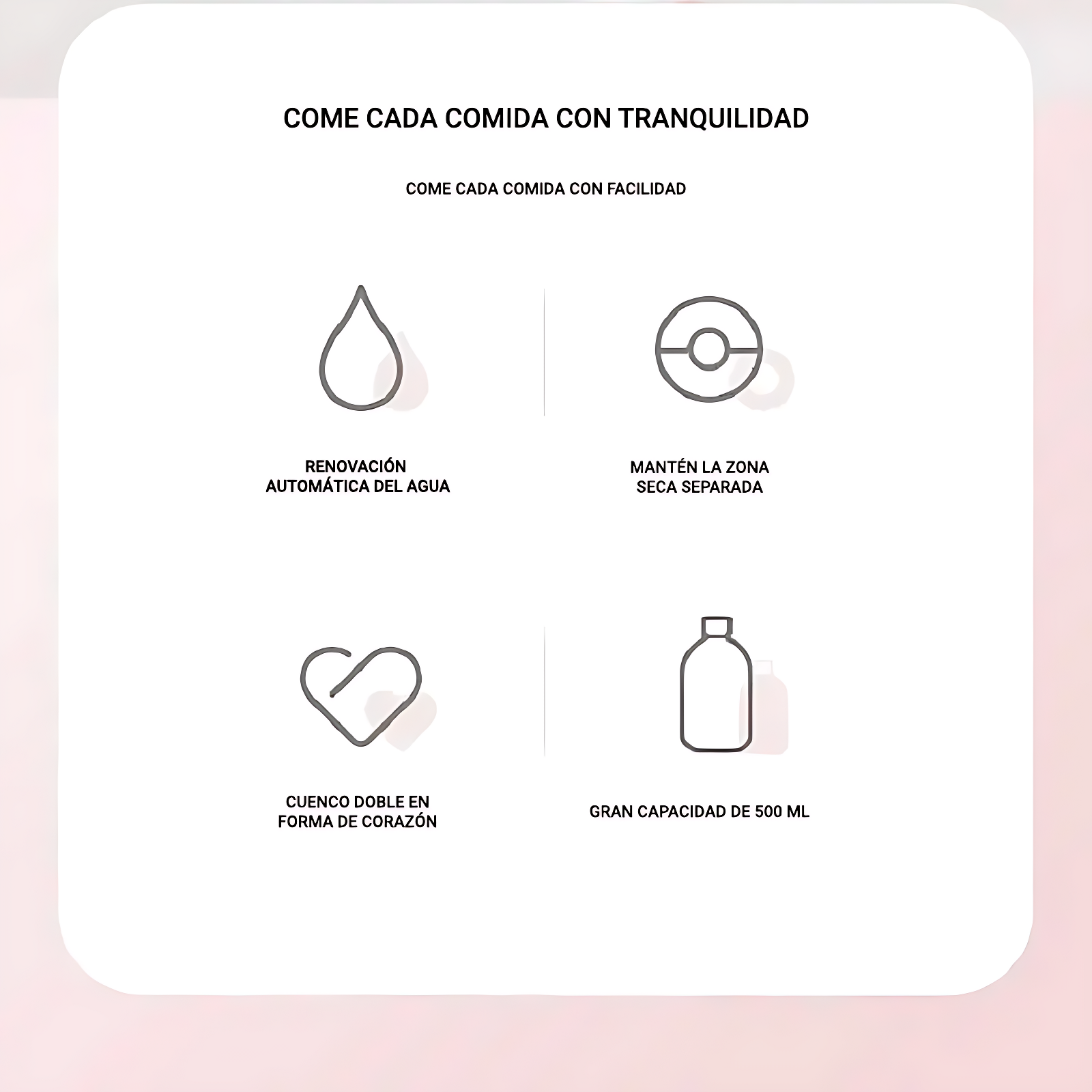 Comedero y fuente automática para mascotas mostrando sus características y puntos fuertes