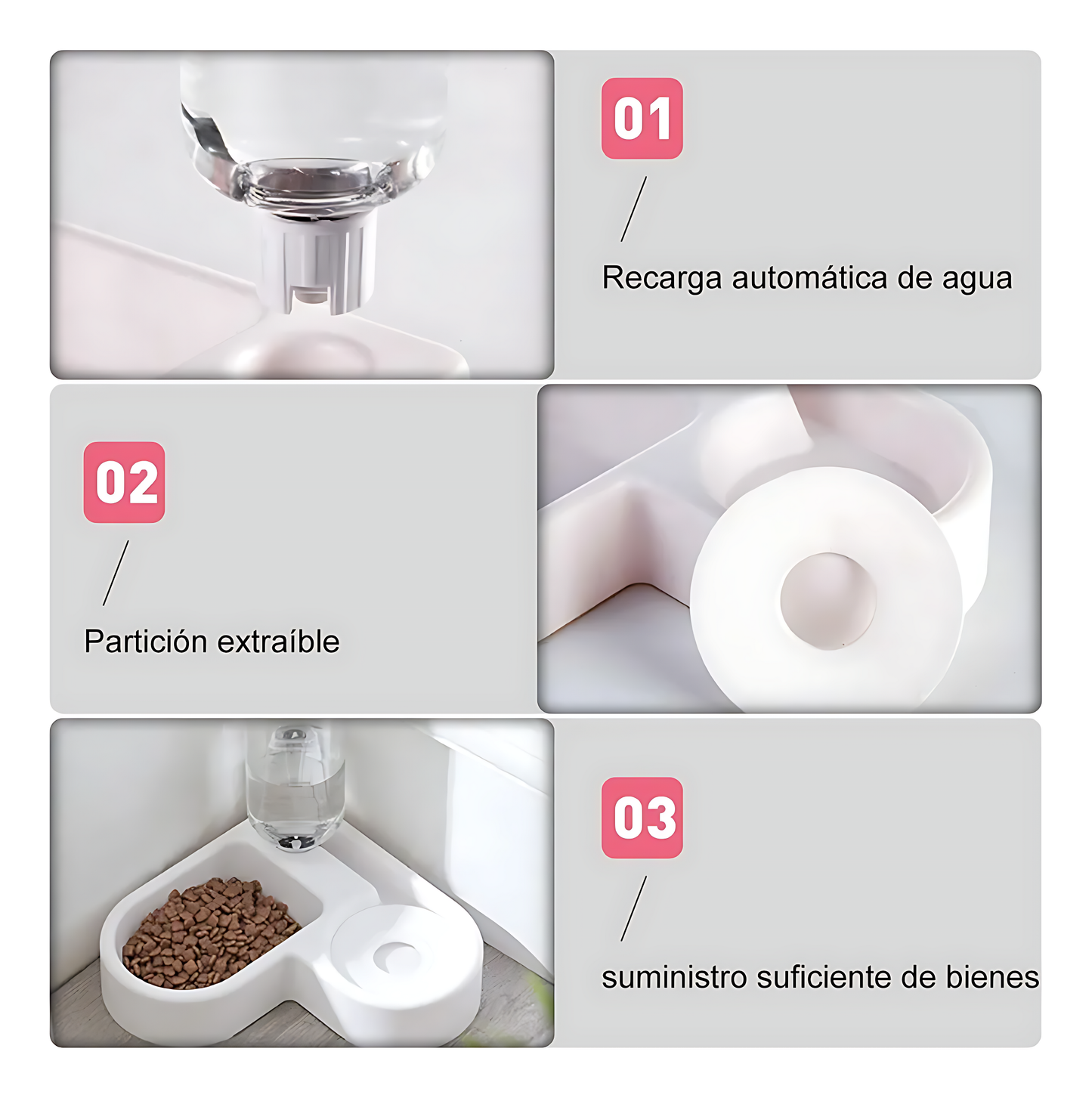 Comedero y fuente automática para mascotas mostrando más características y funcionalidades