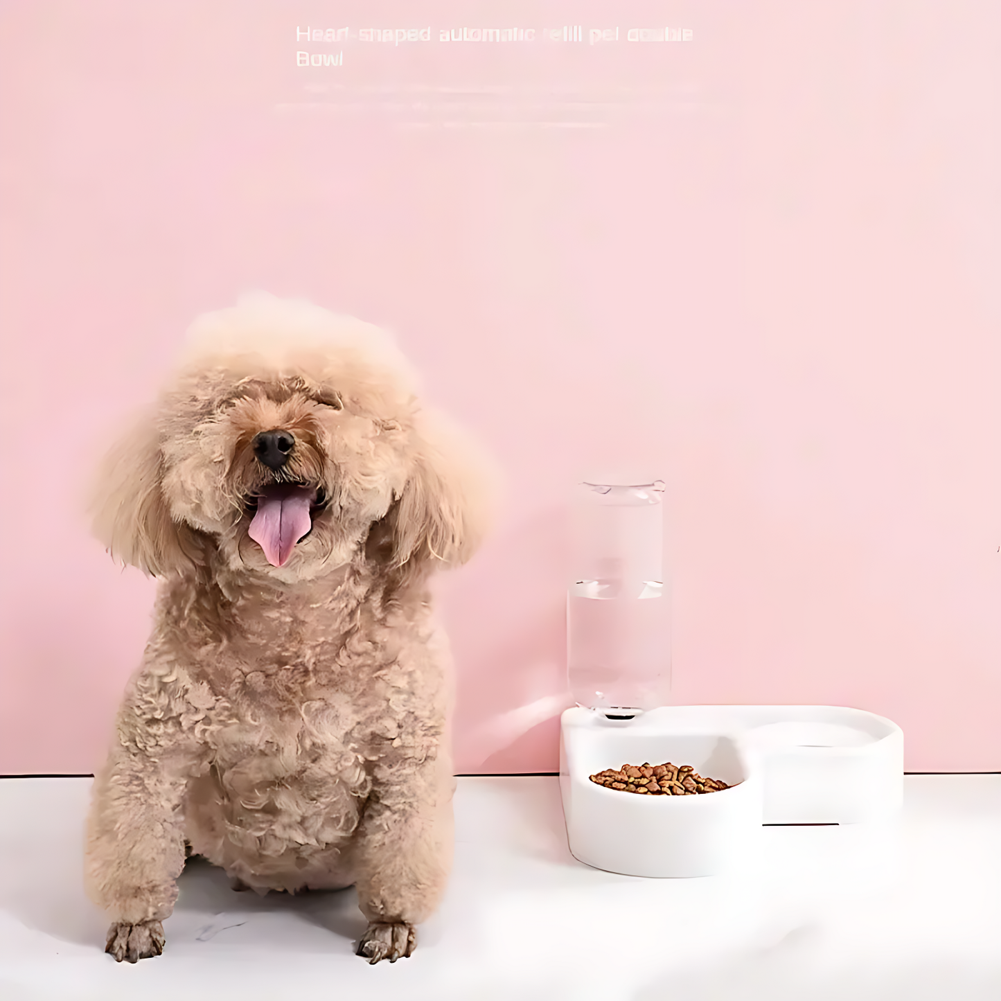 Perro junto al comedero y fuente automática para mascotas mostrando tamaño y uso