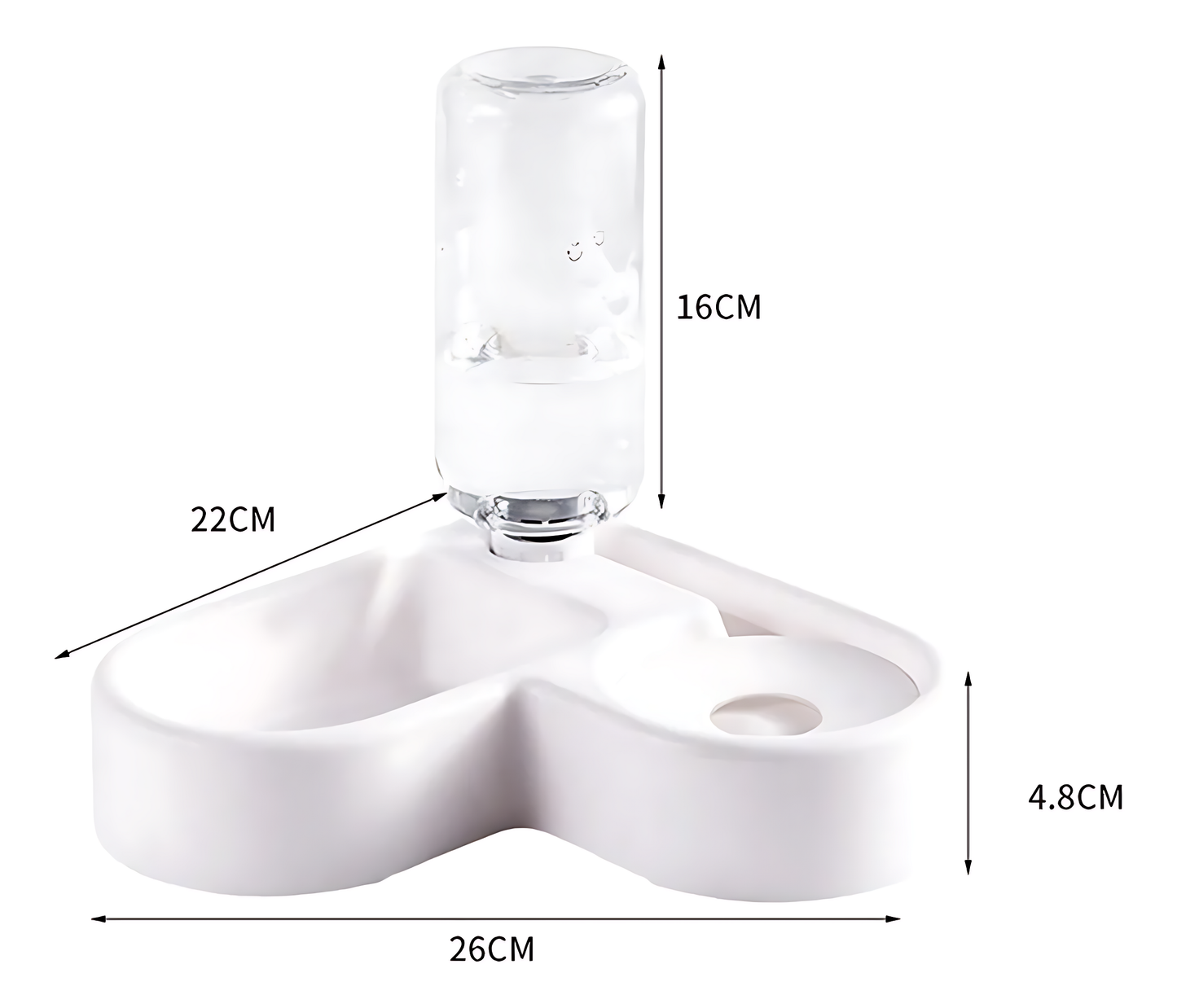 Comedero y fuente automática para mascotas mostrando su tamaño