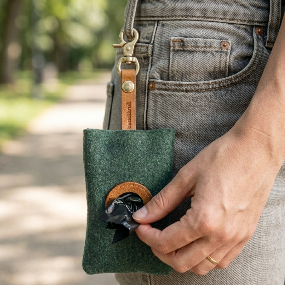 persona usando dispensador de bolsas para perro durante el paseo sacando bolsas fácilmente