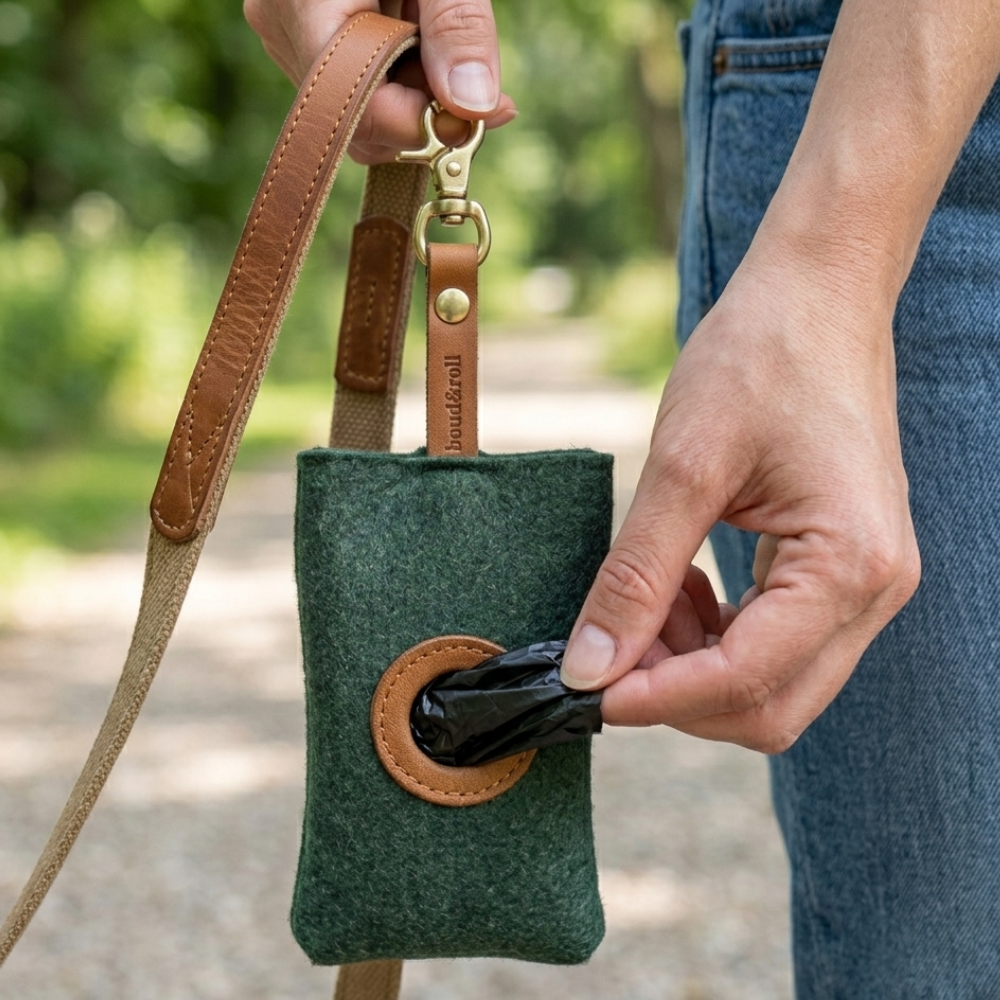 persona usando dispensador de bolsas para perro durante el paseo sacando bolsas fácilmente