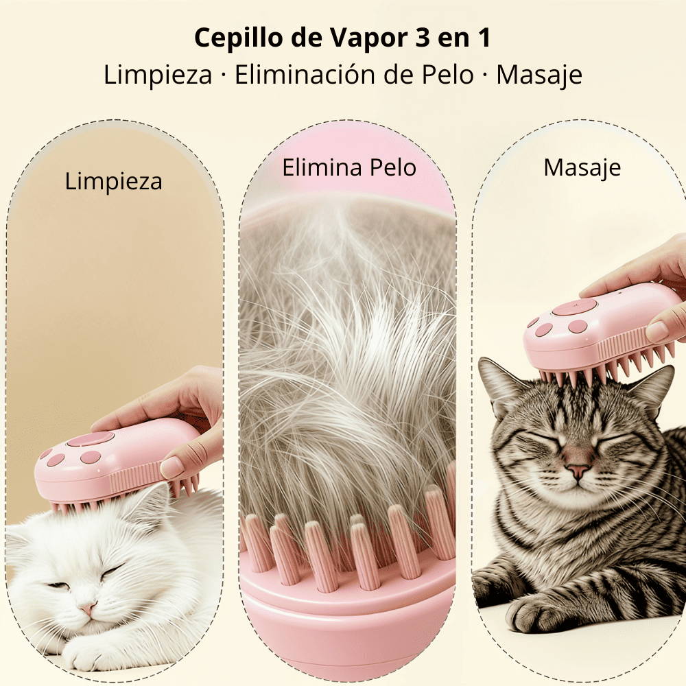 Cepillo de Vapor 3 en 1 para Gatos – Desenreda, Limpia y Masajea