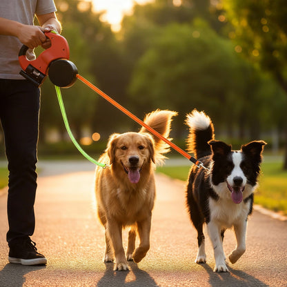 Correa Doble para Perros con Linterna y Dispensador de Bolsas
