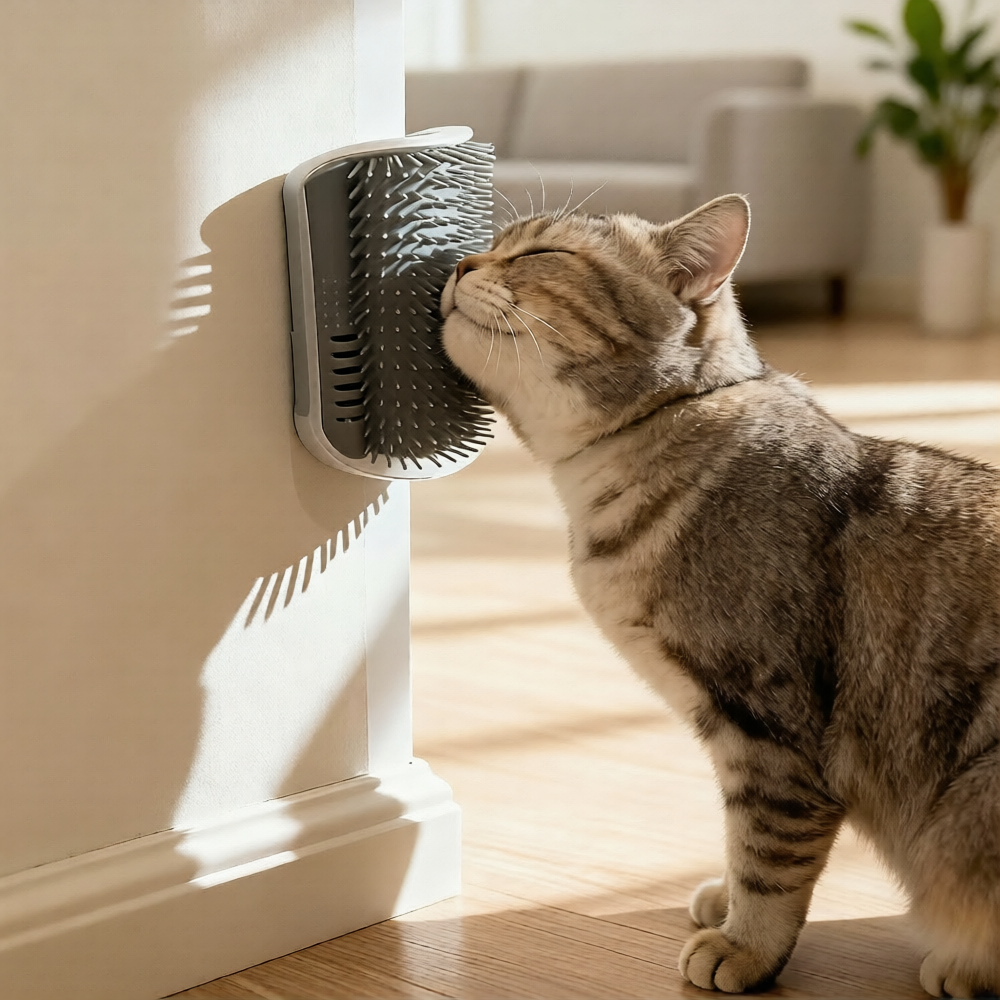 gato frotándose en masajeador de esquina para gatos instalado en la pared