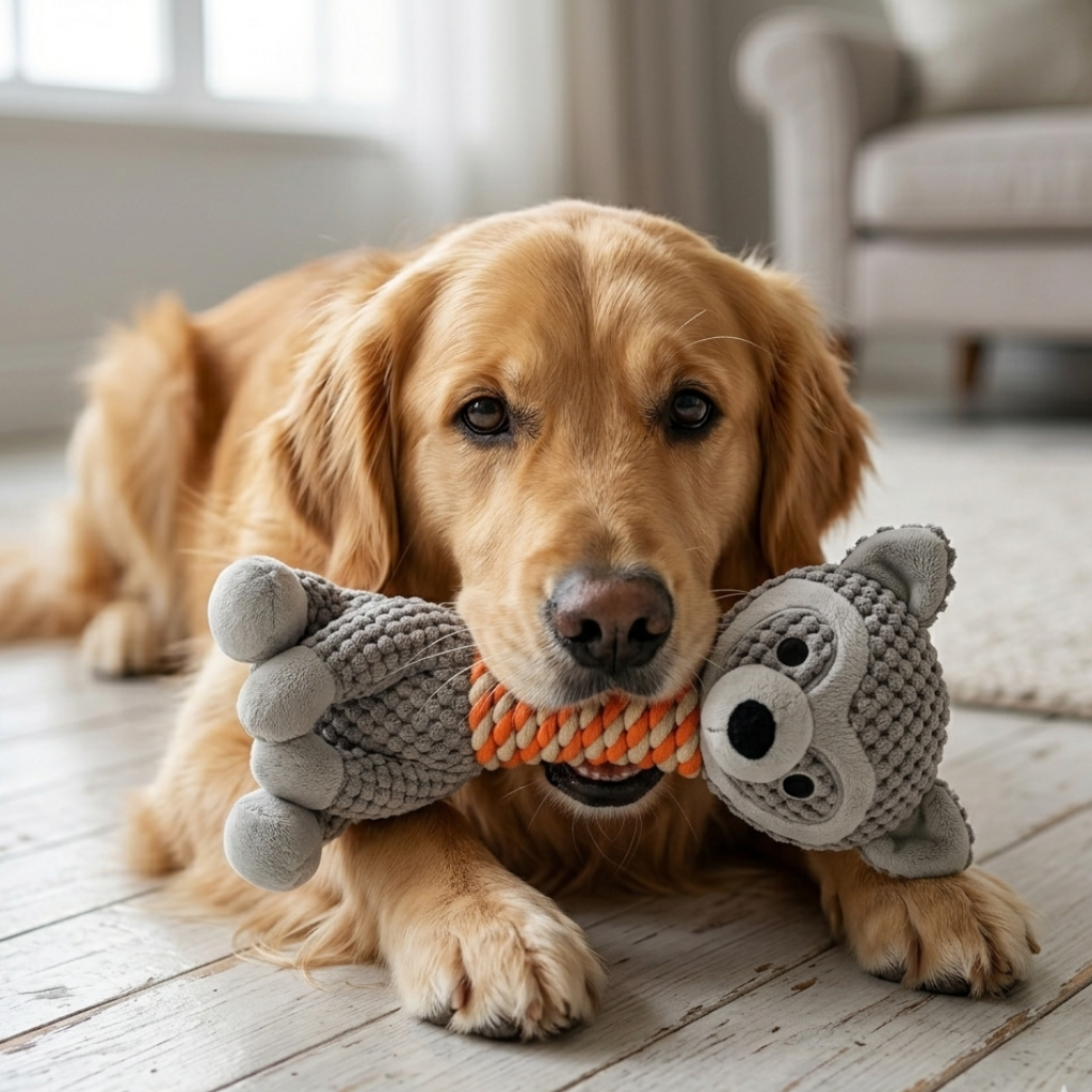 perro mordiendo juguete de mapache con cuerda trenzada resistente para juego diario
