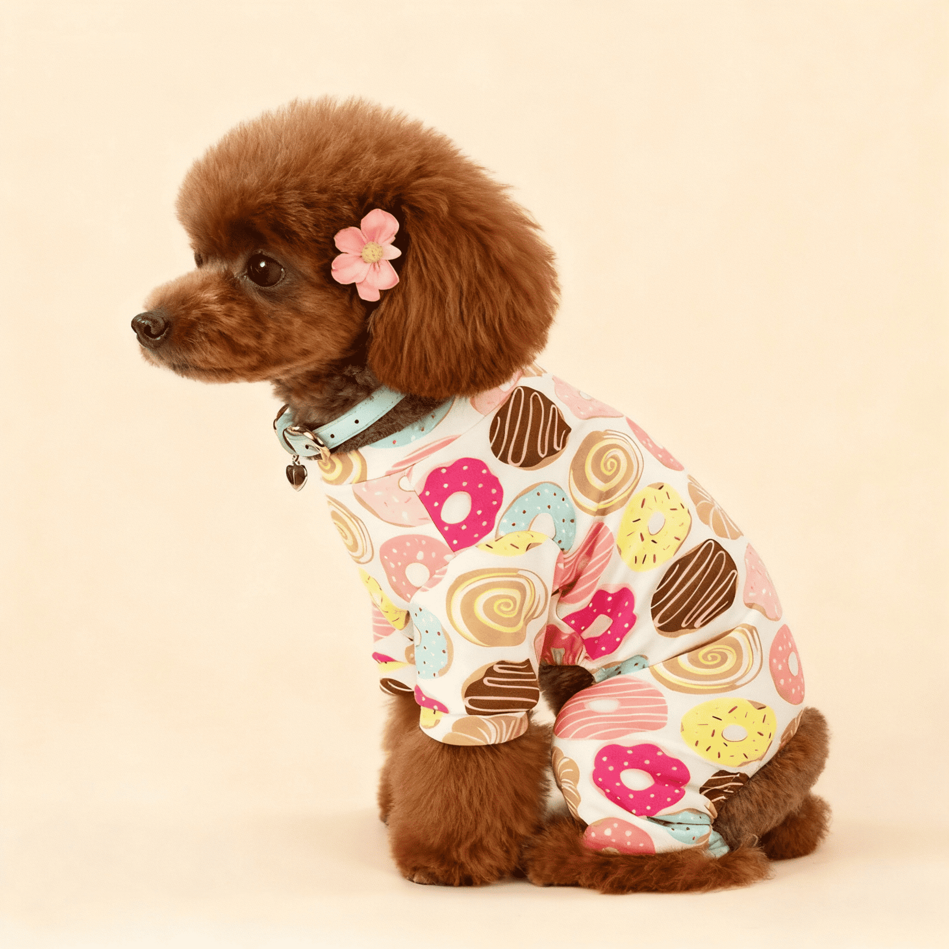 vista lateral del pijama para perro con diseño de donuts cómodo y suave