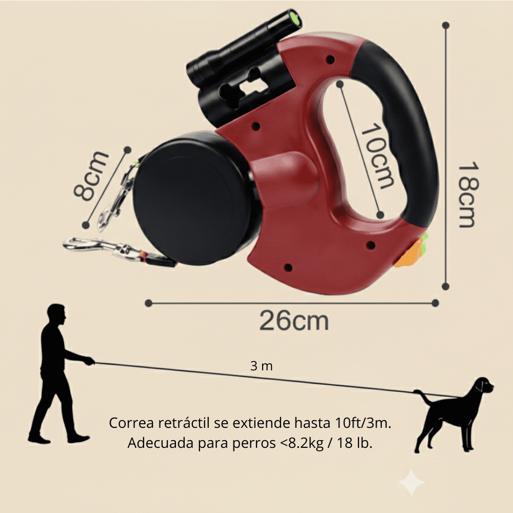 Correa Doble para Perros con Linterna y Dispensador de Bolsas