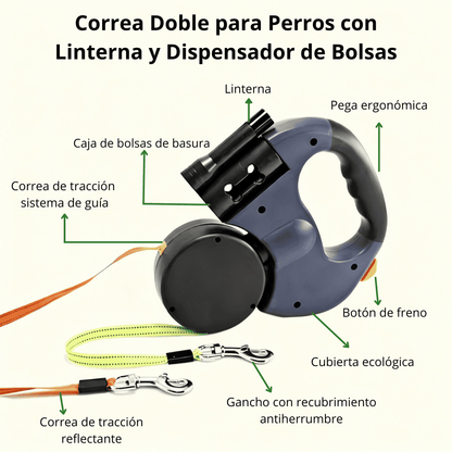 Correa Doble para Perros con Linterna y Dispensador de Bolsas